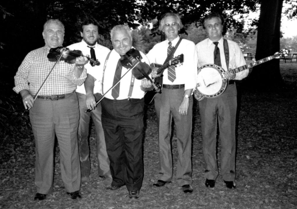 Lonesome Pine Fiddlers 2nd Reunion July 1989 L to R: Charlie Cline, Bill Hamm, Curly Ray Cline, Melvin Goins, Ray Goins Photo by Ronald L. Stuckey