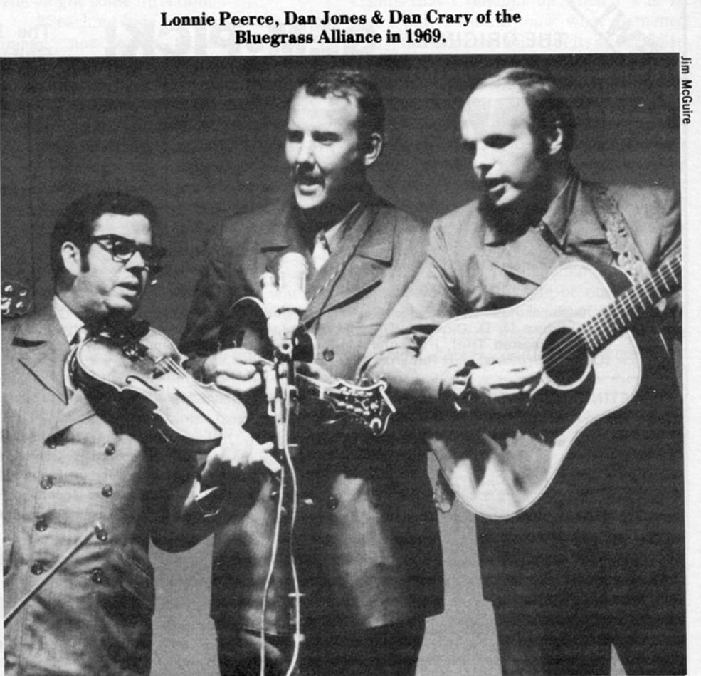 Lonnie Peerce, Dan Jones & Dan Crary of the Bluegrass Alliance in 1969.