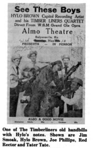 One of The Timberliners old handbills with Hylo's notes. Shown are Jim Smoak, Hylo Brown, Joe Phillips, Red Rector and Tater Tate.