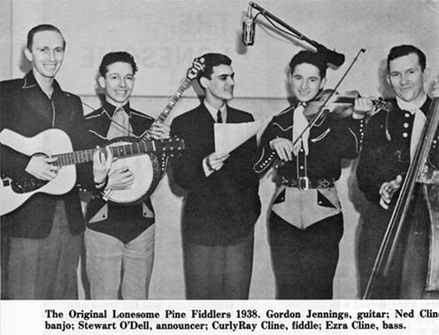 The Original Lonesome Pine Fiddlers 1938. Gordon Jennings, guitar: Ned Cline, banjo; Stewart O'Dell, announcer; Curly Ray Cline, fiddle; Ezra Cline, bass.