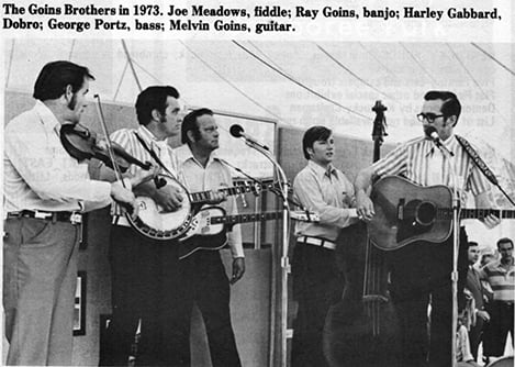 The Goins Brothers in 1973. Joe Meadows, fiddle; Ray Goins, banjo; Harley Gabbard, dobro; George Portz, bass; Melvin Goins, guitar.