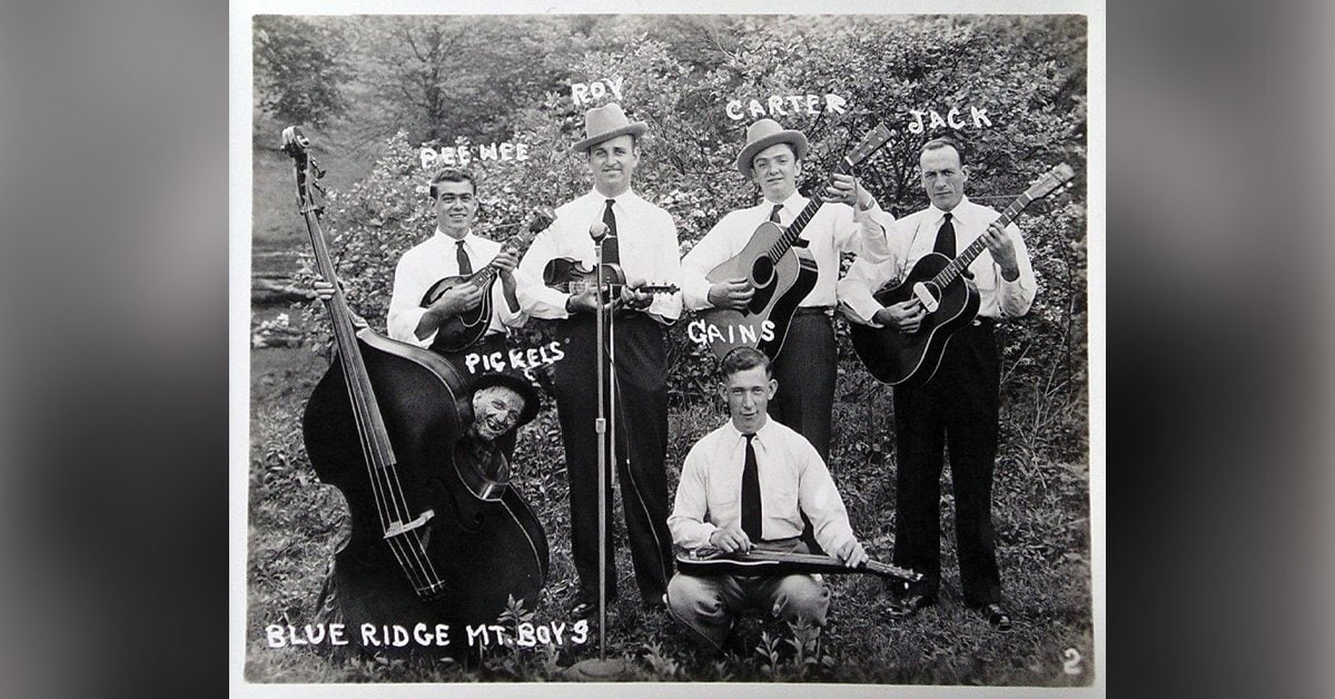Promotional photo that Roy believed was made at Bullet Park in Big Stone Gap, Virginia. Kneeling, from left to right: Ray “Pickles” Lambert and Gaines Blevins. Standing, left to right: Pee Wee Lambert, Roy Sykes, Carter Stanley, and Jack Belcher, ca. early 1946. Photo courtesy of Roy “Scooter” Sykes, Jr.