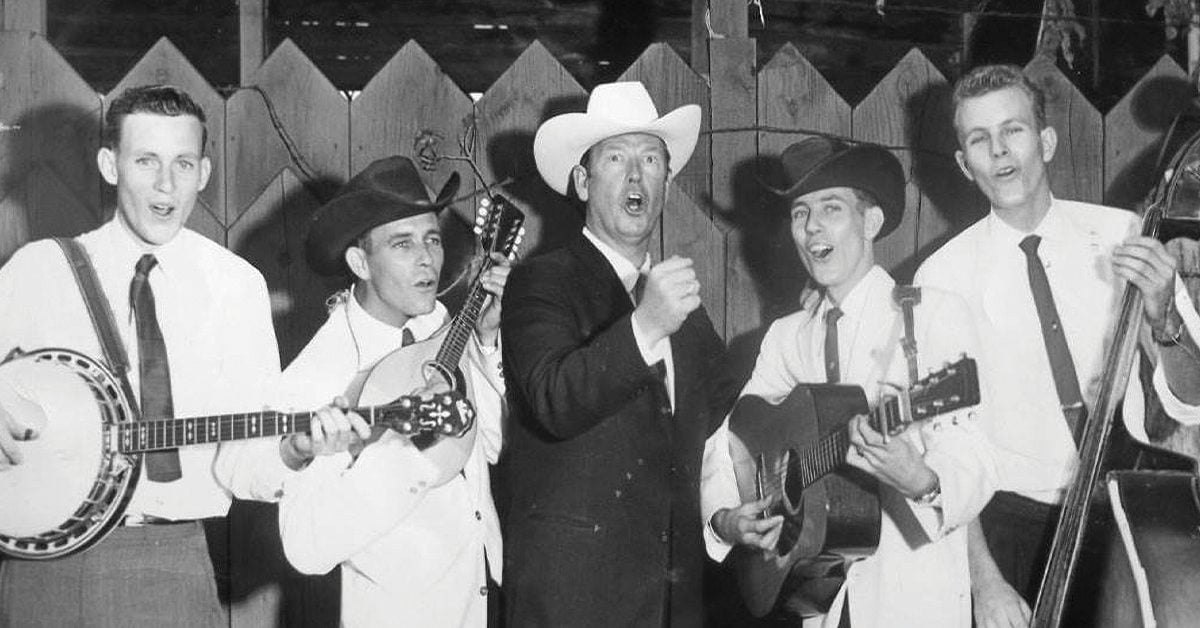 The Golden State Boys with Rex Allen, Sr. at the Town Hall Party show in 1961 (left to right) Walter Poindexter, Herb Rice, Rex Allen, Sr., Hal Poindexter, and Leon Poindexter.